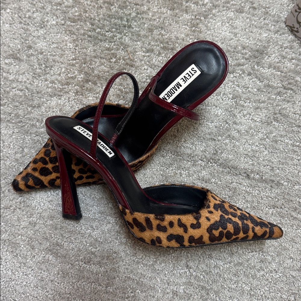 Leopard Point Toe Slingback’s Steve Madden Red Burgundy Real Cow Hair Fur